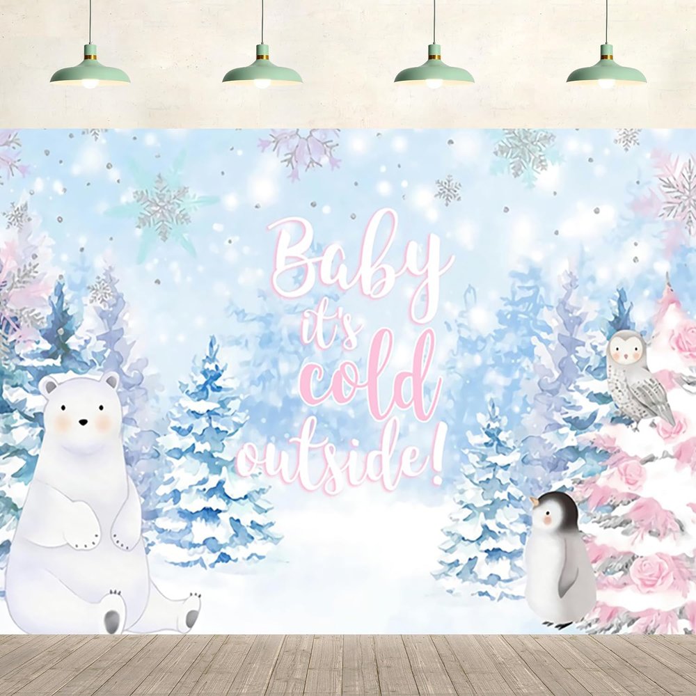10x8ft Baby Shower Backdrop Baby Its Cold Outside Winter Pine Forest Bear Penguin Animal Background Kids Children Portraits Party Supplies Wall Decor Photography Photo Studio Props