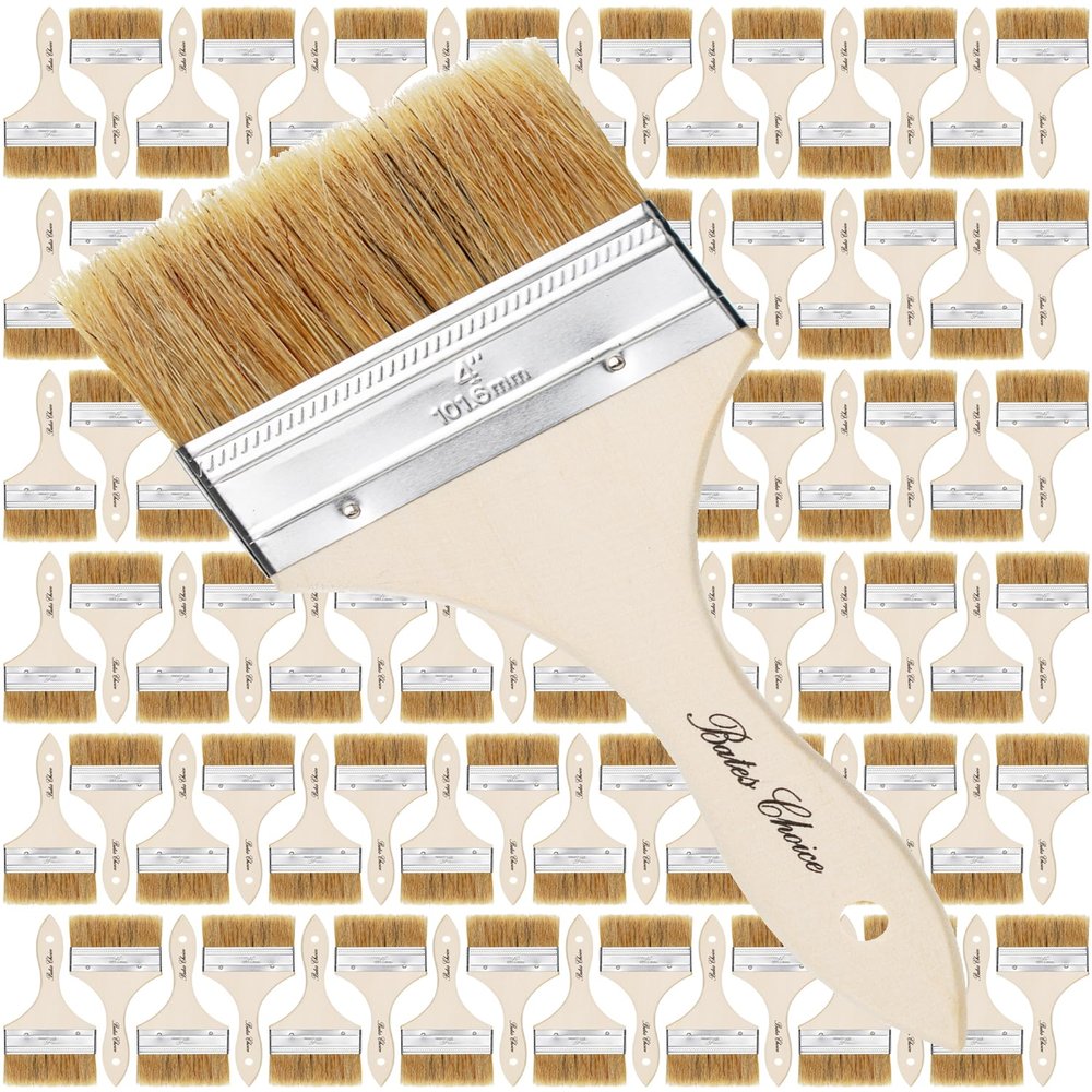 Bates- Chip Brushes, 4 Inch, 96 Pack, 4 Inch Paint Brushes with Ergonomic Wooden Handle, Natural Bristle