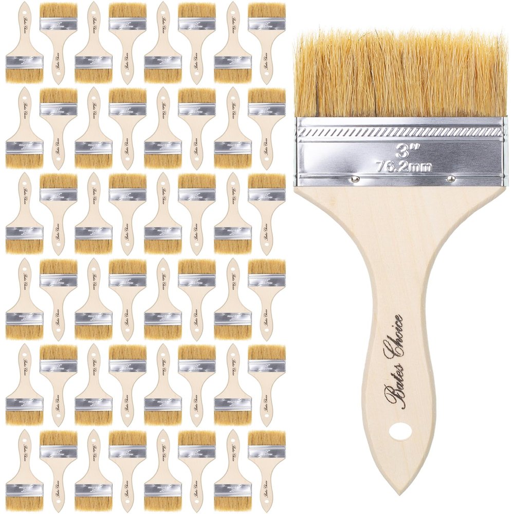 Bates- Chip Brushes 3 Inch, 48 Pack, 3 Inch Paint Brushes with Ergonomic Wooden Handle, Natural Bristle