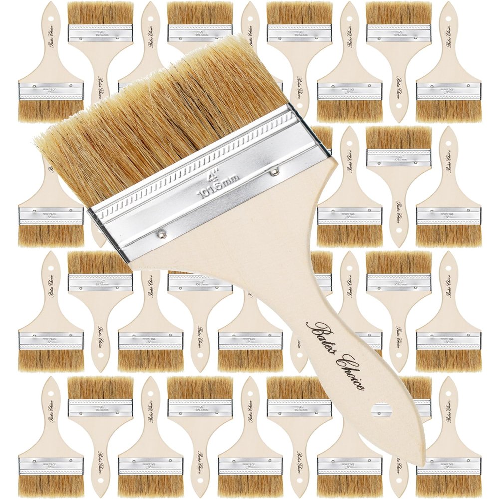 Bates- Chip Brushes, 4 Inch, 36 Pack, 4 Inch Paint Brushes with Ergonomic Wooden Handle, Natural Bristle