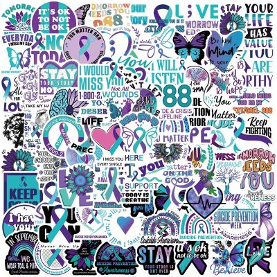 100PCS Suicide Awareness Stickers Suicide Prevention Stickers for Depressed Person, Icicrim Waterproof Vinyl Stickers for Water Bottles Laptop Luggage Journaling Scrapbook