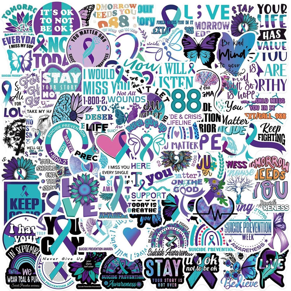 100PCS Suicide Awareness Stickers Suicide Prevention Stickers for Depressed Person, Icicrim Waterproof Vinyl Stickers for Water Bottles Laptop Luggage Journaling Scrapbook