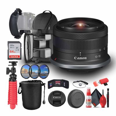 Canon RF-S 10-18mm f/4.5-6.3 is STM Lens (Canon RF) (6262C002) + 64GB Card + Lens Pouch + Filter Kit + Backpack + Flexible Tripod + Cap Keeper + Cleaning Kit + Memory Card Wallet + More (Renewed)