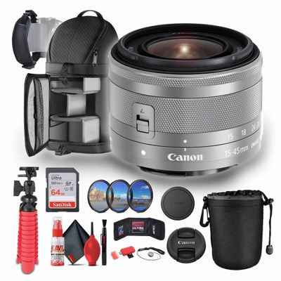 Canon EF-M 15-45mm f/3.5-6.3 IS STM Lens (Silver) (0597C002) + 64GB Memory Card + Lens Pouch + Filter Kit + Backpack + Flexible Tripod + Cap Keeper + Cleaning Kit + Memory Card Wallet + More (Renewed)
