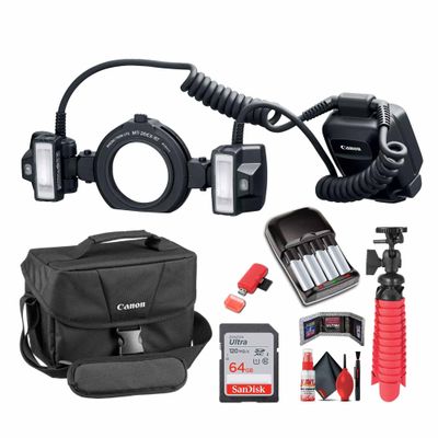 Canon MT-26EX-RT Macro Twin Lite (2398C003) + 64GB Ultra Memory Card + Shoulder Bag + Flexible Tripod + Batteries and Charger + Cleaning Kit + Memory Card Wallet + Card Reader (Renewed)