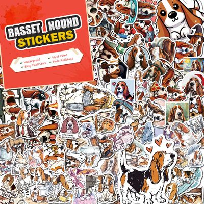 100 PCS Basset Hound Stickers Pack  Waterproof Dog Decals for Water Bottles, Laptops, Phones, Notebook, Cars  Cool Vibrant Graphics for Basset Hound Enthusiast