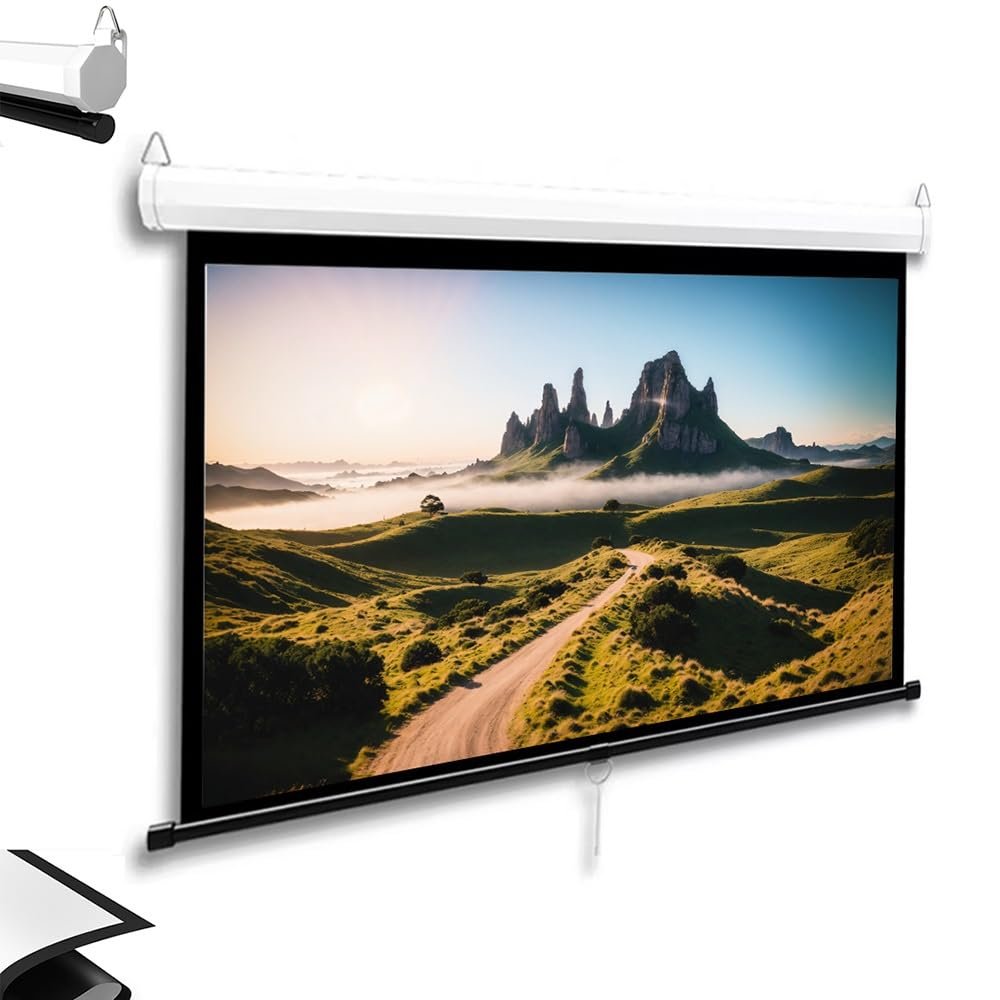 FIEZFEAT 60 72 Inch Manual Pull Down Projector Screen 16:9 HD Hanging Projector Screen Wall/Ceiling Mounted Retractable Projection Screen with Auto-Lock, White(4:3,60inch)