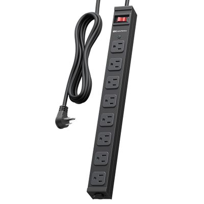 [ETL Certified] Cable Matters Wall-Mountable 8 Outlet Power Strip - 8ft Cord, Metal, 2100J Surge Protector with 15A Circuit Breaker, Industrial Power Strip Surge Protector for Garage, Workshop, Black