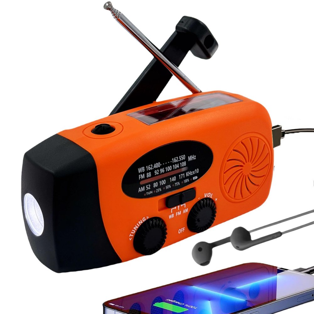iRonsnow Solar Emergency Hand Crank Weather Radio, Portable Self Powered NOAA AM/FM Radios with SOS Alarm LED Flashlight 5000mAh Power Smart Phone USB Charger for Camping (5000mAh Orange)