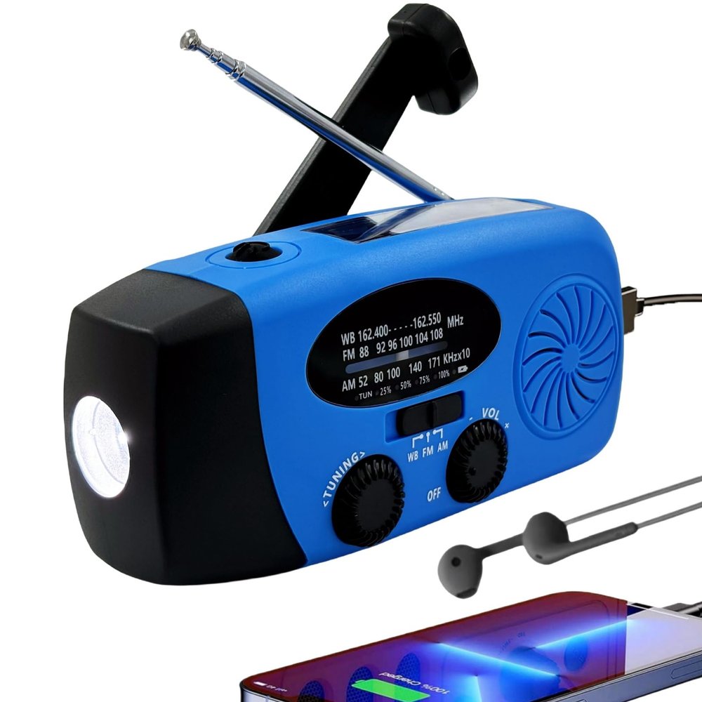 iRonsnow Solar Emergency Hand Crank Weather Radio, Portable Self Powered NOAA AM/FM Radios with SOS Alarm LED Flashlight 5000mAh Power Smart Phone USB Charger for Camping (5000mAh Blue)