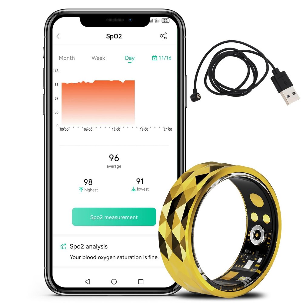 JXYQZD Fitness Smart Rings, Heart Rate Monitor Blood Pressure Ring Sleep Tracker Counter Calories Waterproof Fitness Rings Remote Control Photography(Gold,20.6 mm)