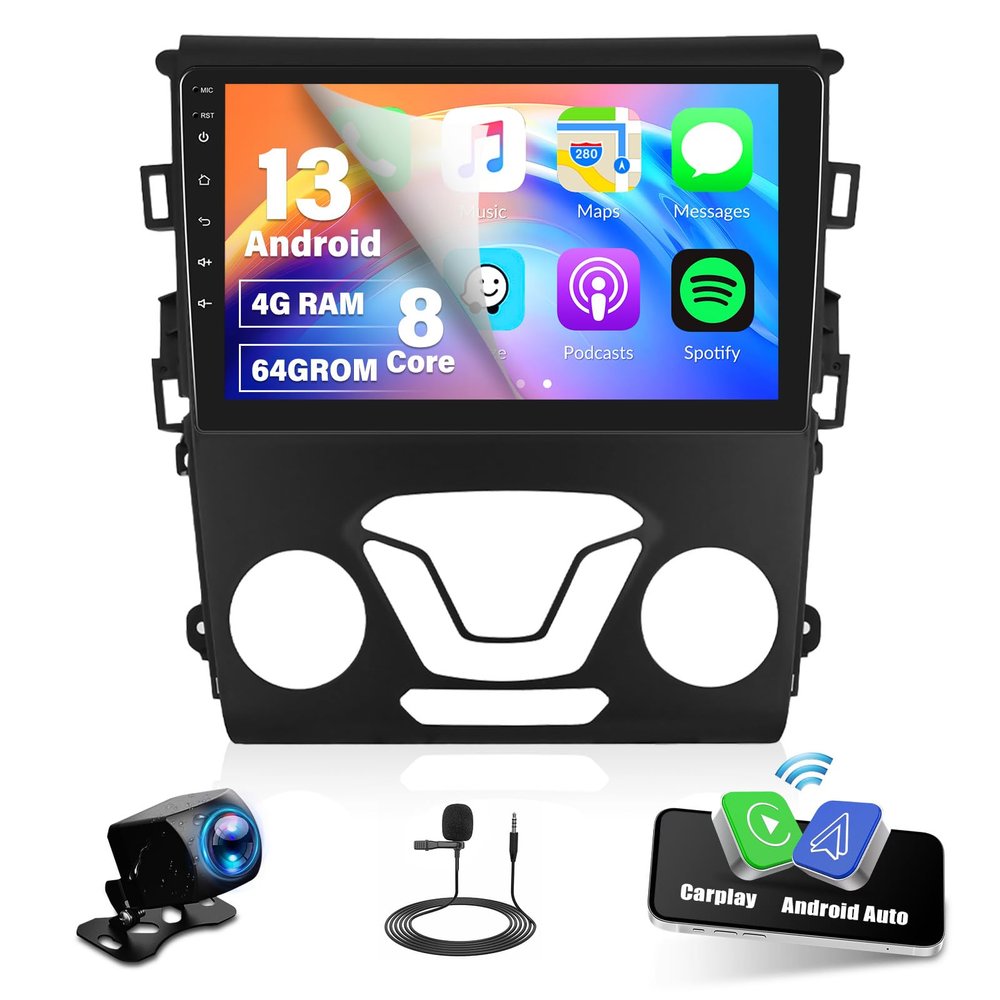 8-Core 4+64GAndroid 13 Car Stereo Radio for Ford Fusion Mondeo 2013-2019 Wireless CarPlay Andriod Auto 9'' IPS Touchscreen Bluetooth GPS Navigation WiFi Mirror Link FM DSP SWC 59UI+Backup Camera Mic