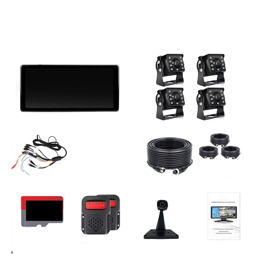 10.36 inch 4 Channel Car DVR Recorder Smart Spot Alarm Monitor with 1080P 4 Backup Cameras Compatible for Truck Bus(Two BSD and Monitor,128G1)