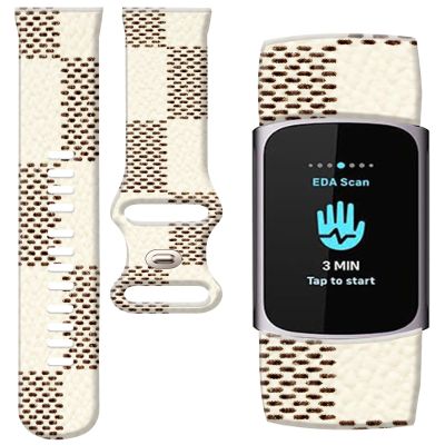 PLKTJOSA Compatible with Charge 6/Charge 5 WatchBands for Women Men,Elastic Adjustable Wristbands,Breathable Sport Band Soft Waterproof Health Tracker(Black White Leather)