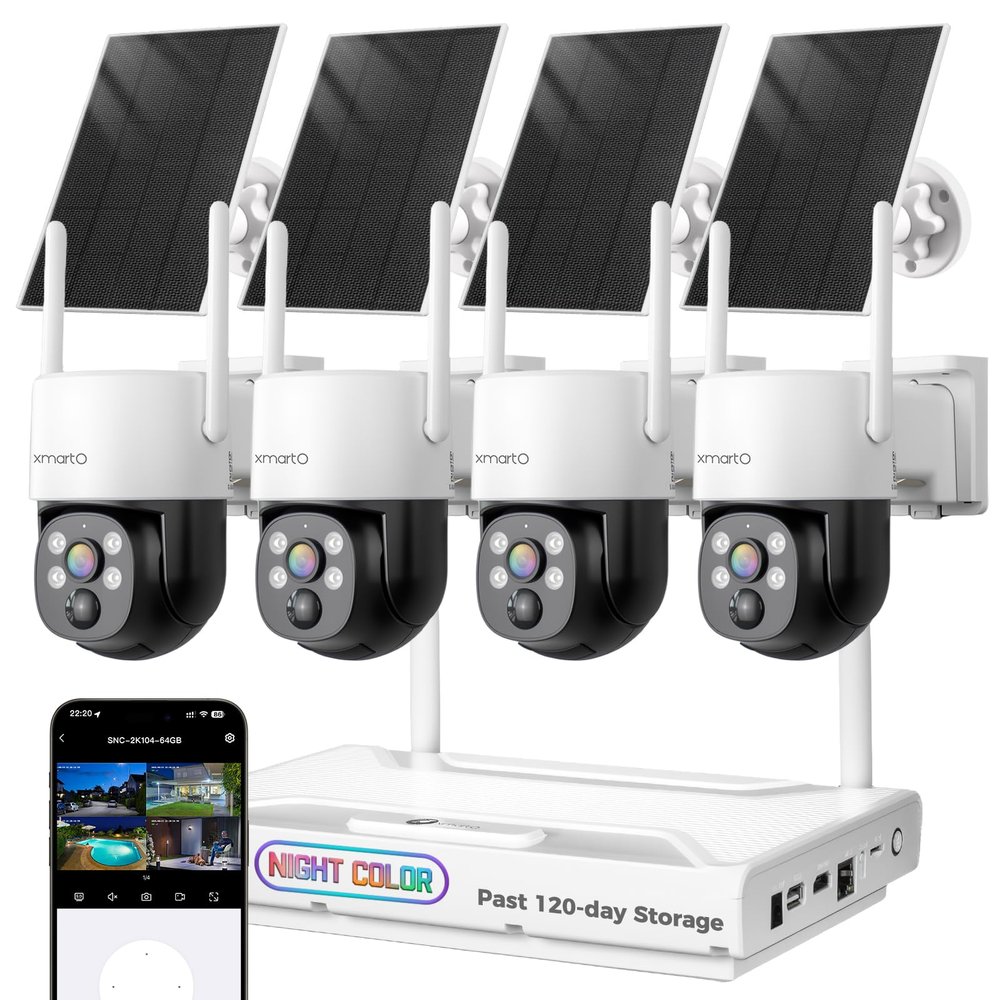 [0-Light Night Color] XMARTO 2K HD Wireless Solar Security Camera System with 0-Light Night Color, PTZ Control, Long Range WiFi6,Easy Mobile & HDMI View on Monitor,0 Monthly Fee,120-Day Video Storage