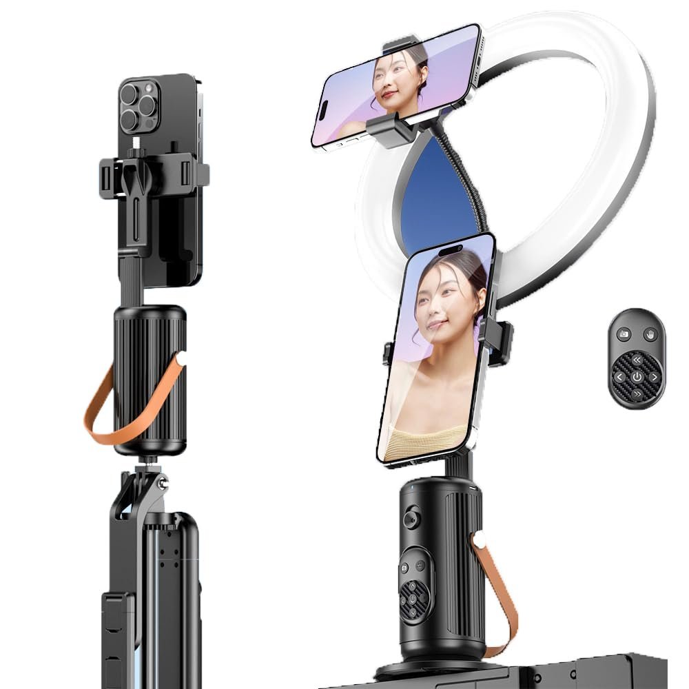 AI Selfie Stick with 360 Rotating Face Tracking, Live Video Stabilizer, Tripod Stand