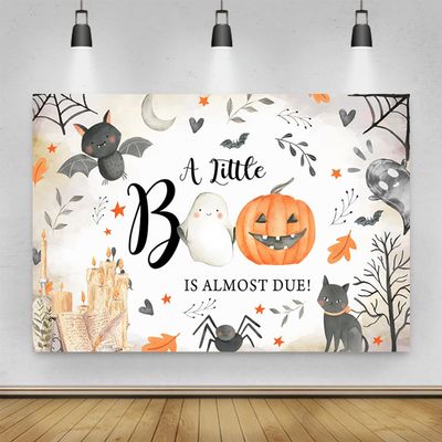 10x8ft Halloween Baby Shower Photography Backdrop Cartoon Autumn Pumpkins Ghost Bats Decoration Halloween Background A Little Boo is Almost Due Baby Shower Party Photoshoot Backdrops