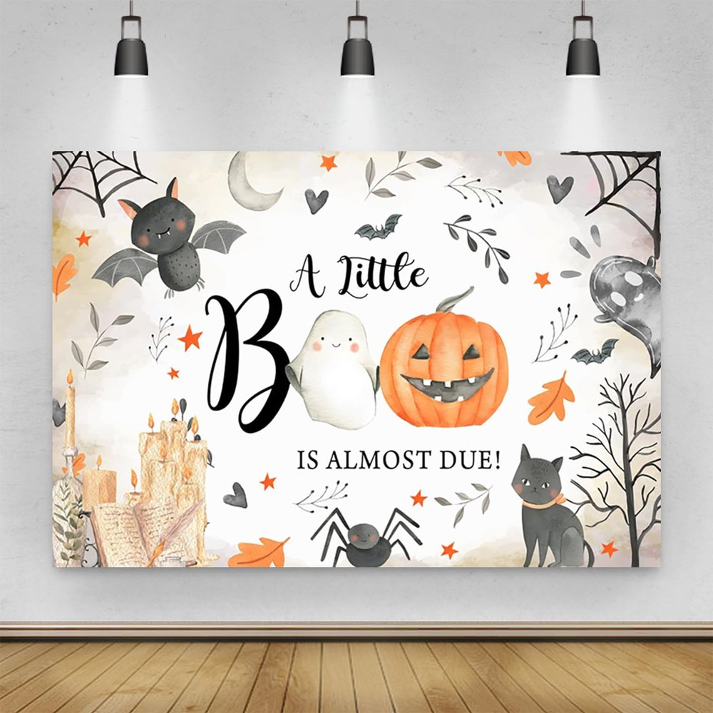 10x8ft Halloween Baby Shower Photography Backdrop Cartoon Autumn Pumpkins Ghost Bats Decoration Halloween Background A Little Boo is Almost Due Baby Shower Party Photoshoot Backdrops