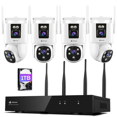 Kittyhok Dual Lens Wireless Security Camera System, 4pcs 2K Outdoor Camera with 2.4/5GHz WiFi, Pan & Tilt, Auto Tracking, Human Detection, Color Night Vision, 16CH Wi-Fi 6 NVR with 1TB HDD, KWDP164