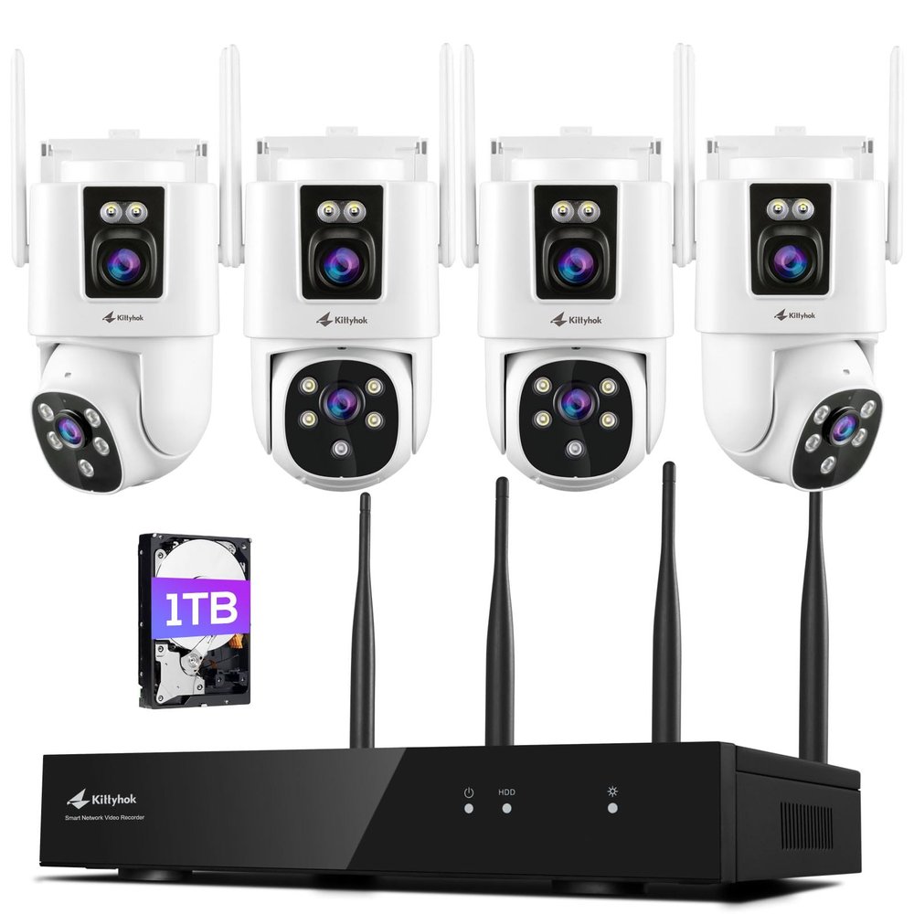Kittyhok Dual Lens Wireless Security Camera System, 4pcs 2K Outdoor Camera with 2.4/5GHz WiFi, Pan & Tilt, Auto Tracking, Human Detection, Color Night Vision, 16CH Wi-Fi 6 NVR with 1TB HDD, KWDP164