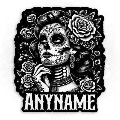Personalized Sugar Woman Skull Mexico Mexican Vintage Name Sticker Custom Skull Flowers Stickers Retro Waterproof Die-Cut Vinyl Sticker for Kindle Laptop Water Bottle Hard Hat Funny Sticker Gifts