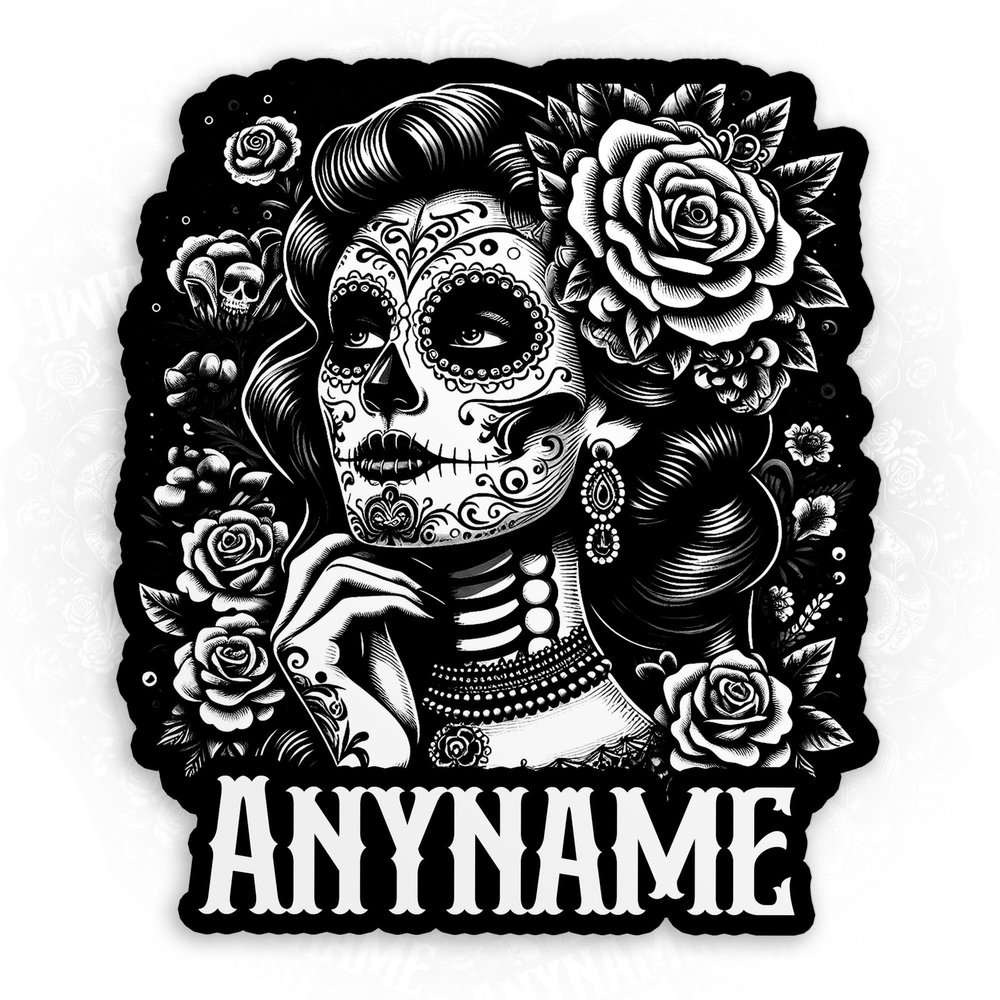 Personalized Sugar Woman Skull Mexico Mexican Vintage Name Sticker Custom Skull Flowers Stickers Retro Waterproof Die-Cut Vinyl Sticker for Kindle Laptop Water Bottle Hard Hat Funny Sticker Gifts