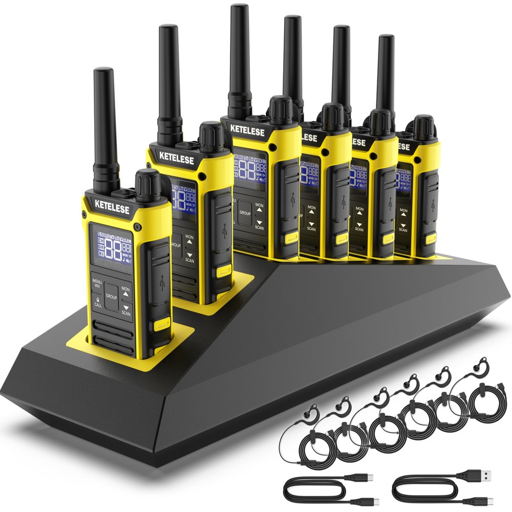KETELESE T3F IP67 Waterproof Walkie Talkies, Rugged Two Way Radio with Earpiece, Triple Proof, Three Charging Options, FRS 2 Way Radio 22 Channels, NOAA, VOX (6 Pack), Black/Yellow