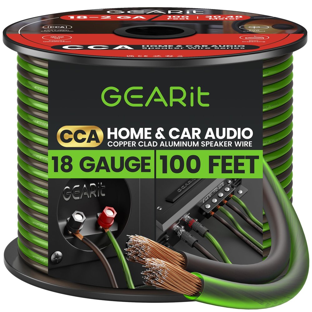 GEARit 18 Gauge Speaker Wire, Speaker Cable 100ft for Car Audio, Home Theater, CCA(Black Green)