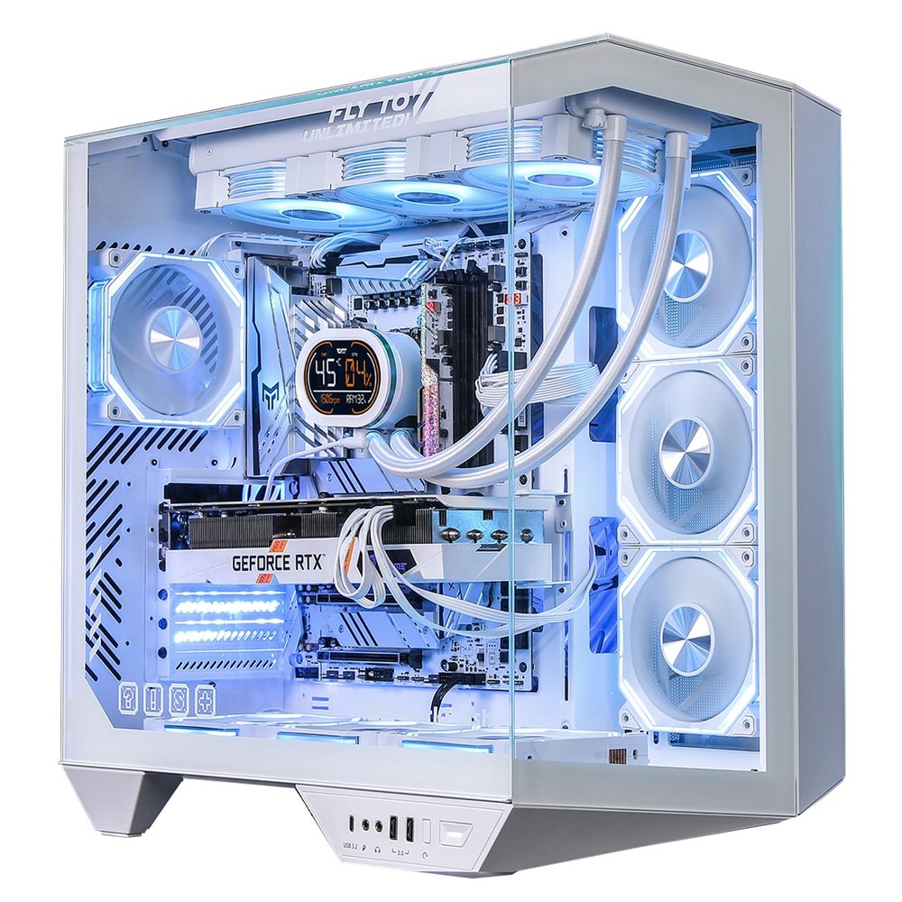 darkFlash Full-Tower ATX Gaming PC Case, Back Plug-in Motherboard, Vertical GPU Mounting, Dual-Chamber, Panoramic Glass, Up to 2 x 360mm Radiators, RTX 40 Compatible(DY470) (4 PWM ARGB Fans, White)