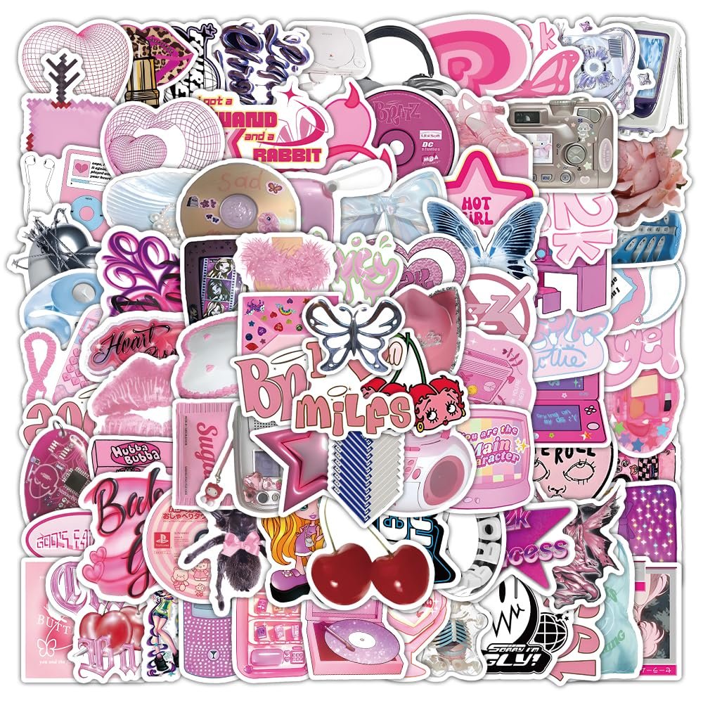 107pc Y2k Retro Aesthetic Stickers - 2000s Cartoon Cute Vinyl Waterproof Stickers for Laptop, Guitar, Notebook, Water Bottle - Birthday Gifts for Girls, Kids, Teens