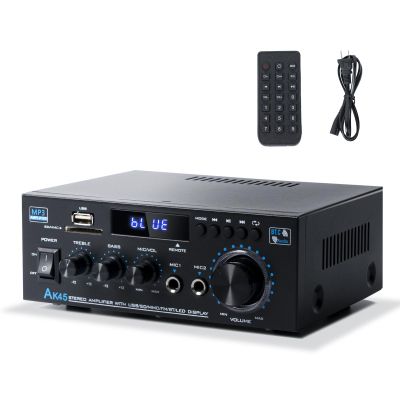 Bluetooth Stereo Receiver &Home Audio Amplifier, 300Wx2 2-Channel for Home Theater & Bookshelf Speakers, w/FM Radio Karaoke, w/USB/SD/RCA/MIC/FM in, with Remote Control, for Garage Bar Party
