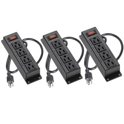 3PCS Wall Mount Power Outlet Strip, 3FT Cord Mountable Power Strip with Switch, 4 Outlet Under Desk Power Strip for Office/Industrial/Home, Flat Plug, Black