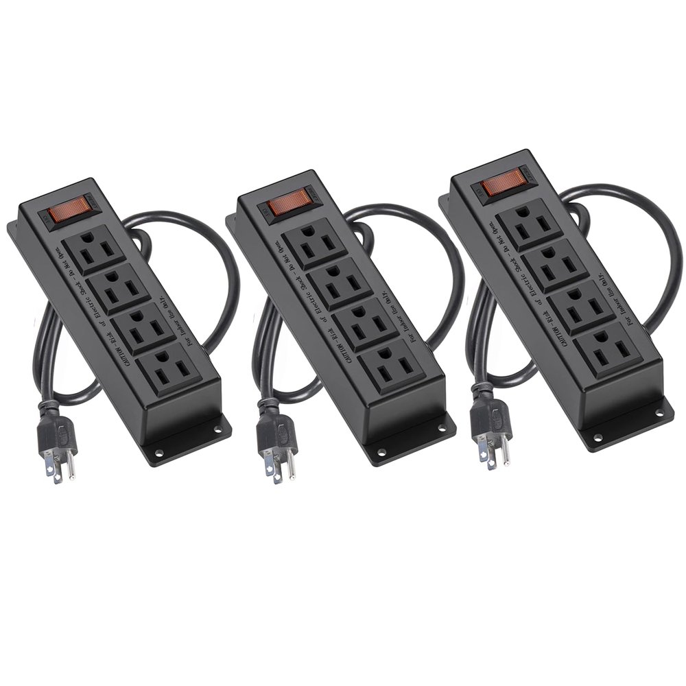 3PCS Wall Mount Power Outlet Strip, 3FT Cord Mountable Power Strip with Switch, 4 Outlet Under Desk Power Strip for Office/Industrial/Home, Flat Plug, Black