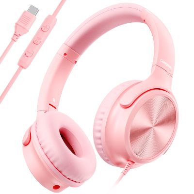 Cowyawn USB C Headphones Wired, Over Ear USB C Wired Headphones with Microphone, Volume Control, HD Stereo Sound, Foldable USB Type C Headphone for Adult/Teens/Laptop/Computer/iPhone 15/16/17, Pink