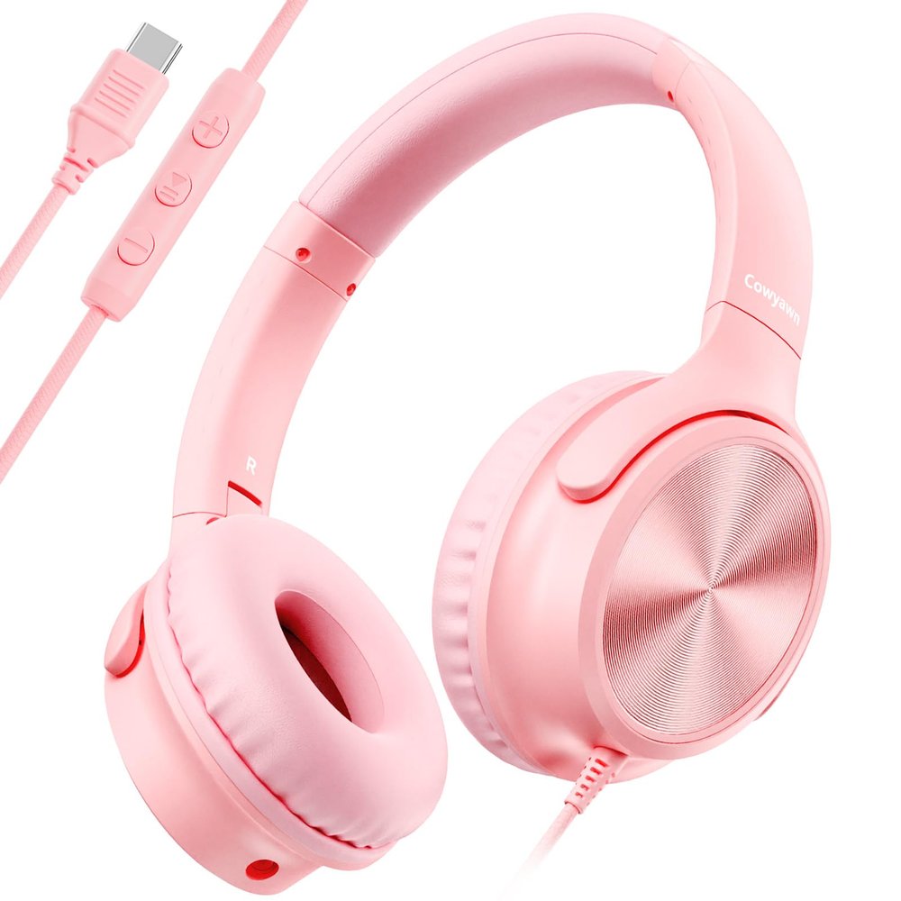 Cowyawn USB C Headphones Wired, Over Ear USB C Wired Headphones with Microphone, Volume Control, HD Stereo Sound, Foldable USB Type C Headphone for Adult/Teens/Laptop/Computer/iPhone 15/16/17, Pink