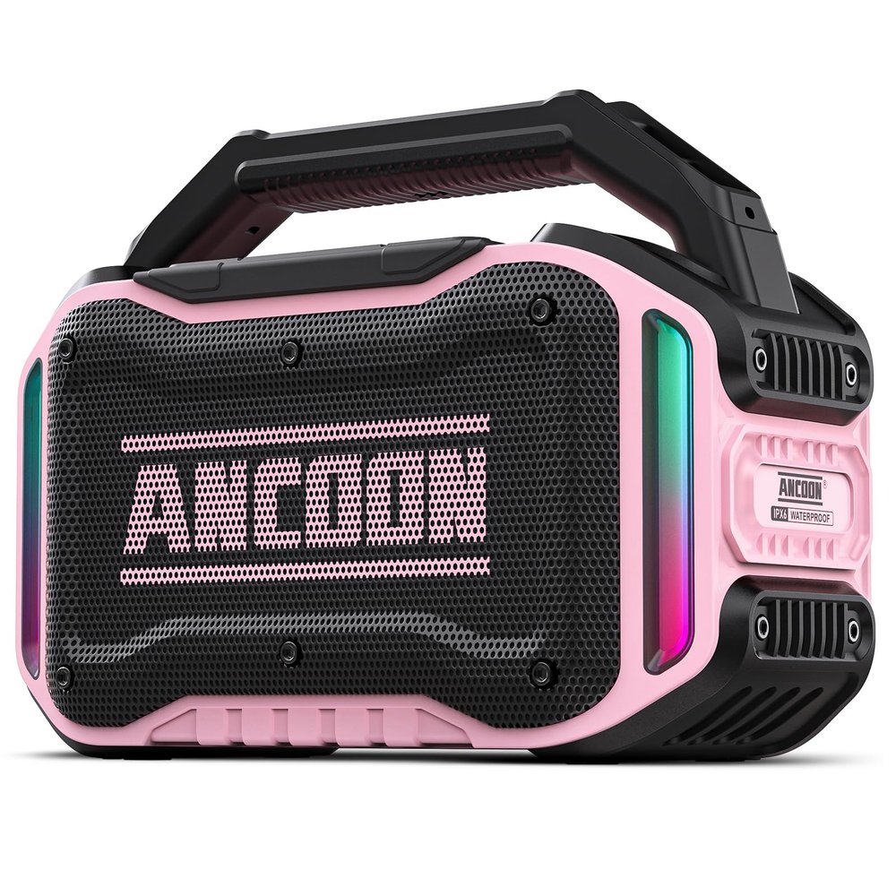ANCOON Speakers Bluetooth Wireless: 80W(Peak) Loud Speaker with Bass, 20H Playtime, IPX6 Waterproof, Large Jobsite Speakers for Work, Outdoor, Workshop, Garage, Portable Speaker with TWS (Pink)