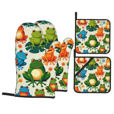 Funny Frogs Print Oven Mitts and Pot Holders Set of 4 Cute Hot Pads Heat Resistant Gloves - Heat Resistant Kitchen Accessories