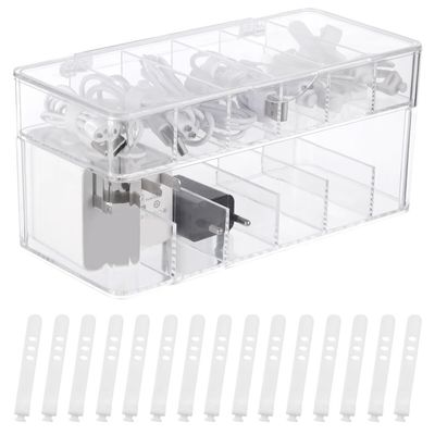byepica Dual-Layer USB Cable Charger Organizer Box with 12 Compartments, Plastic Electronics Storage with Lid, Cable Management Case and 15 Ties