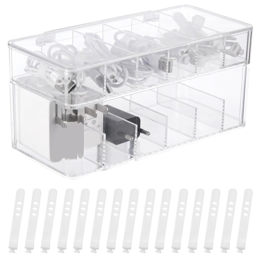 byepica Dual-Layer USB Cable Charger Organizer Box with 12 Compartments, Plastic Electronics Storage with Lid, Cable Management Case and 15 Ties