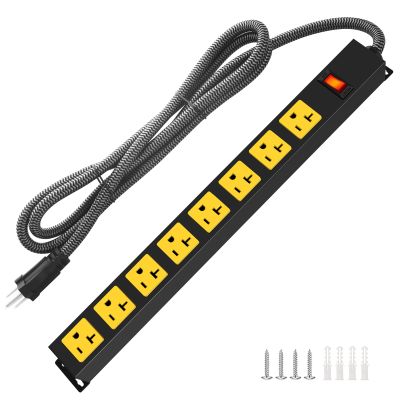 20Amp Power Strip Surge Protector, Durable Metal 8-Outlets with Heavy Duty 20 amp 10Ft 12 Gauge Extension Cord for Garage Workshop & Industrial Use, 1200J