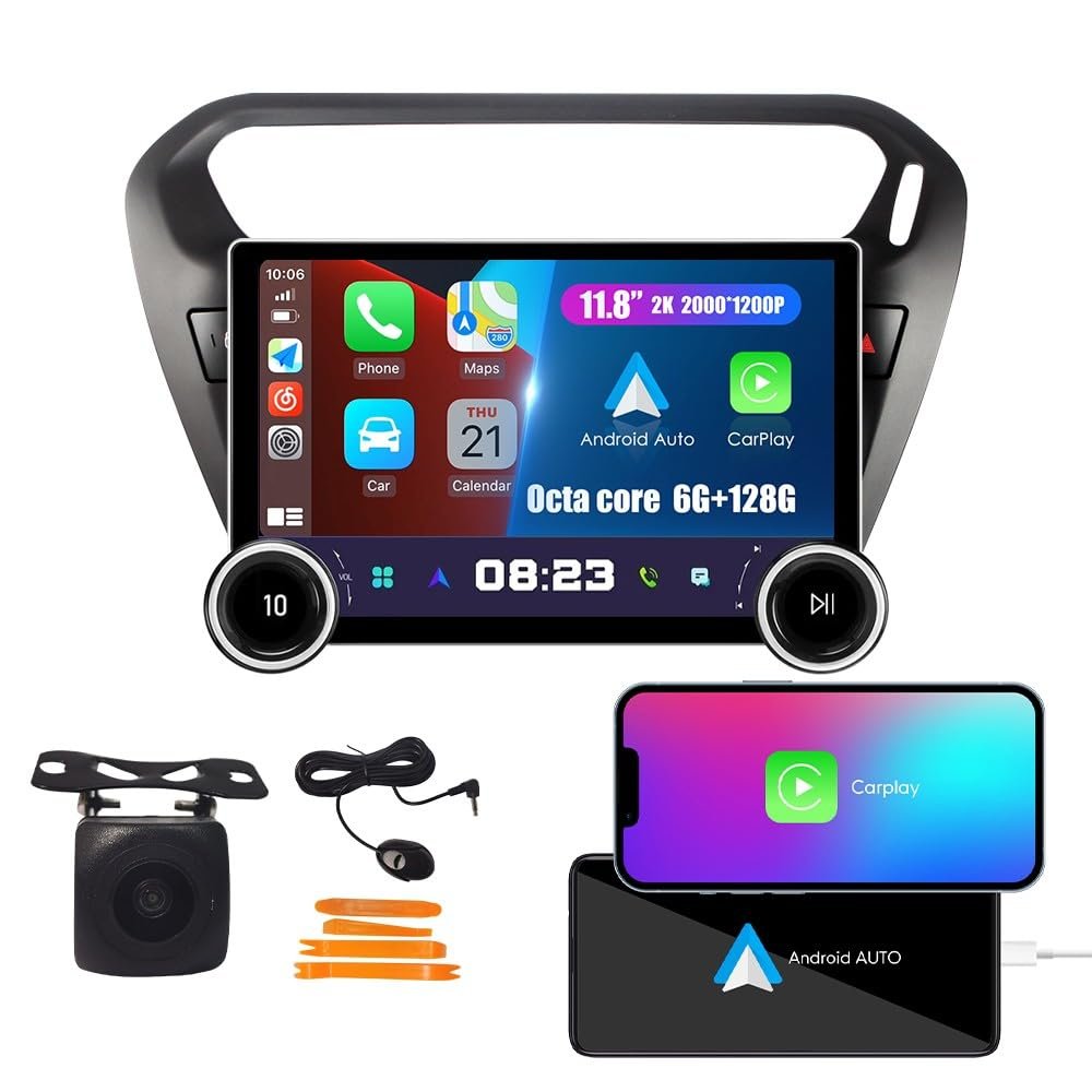 Display Knobs CarPlay/Android Auto Autoradio Android AM/FM Radio Navigation Stereo Player GPS 11.8" QLED Touch Screen Headunit Tablet for Peogeot 301 2013-2022 Octa Core 6G+128G Matte Black