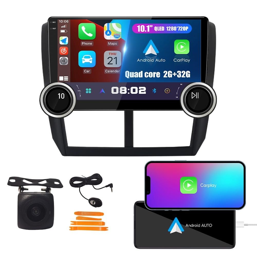 Display Knobs CarPlay/Android Auto Autoradio Android FM Radio Car Navigation Stereo Pad Player GPS 10.1" QLED Touch Screen BT WiFi 2 Din Headunit Tablet for SubaruForester 2007-2013 Quad Core 2G+32G