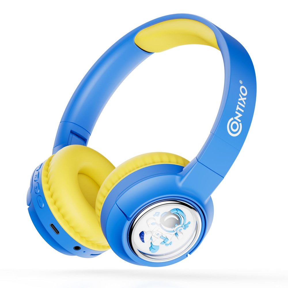 Contixo Kids Bluetooth Headphones, Blue Wireless & Wired Over-Ear 85dB Volume Limiting, LED Lights, Foldable, Adjustable Headband, Mic Lightweight Noise-Limiting Design for Boys & Girls