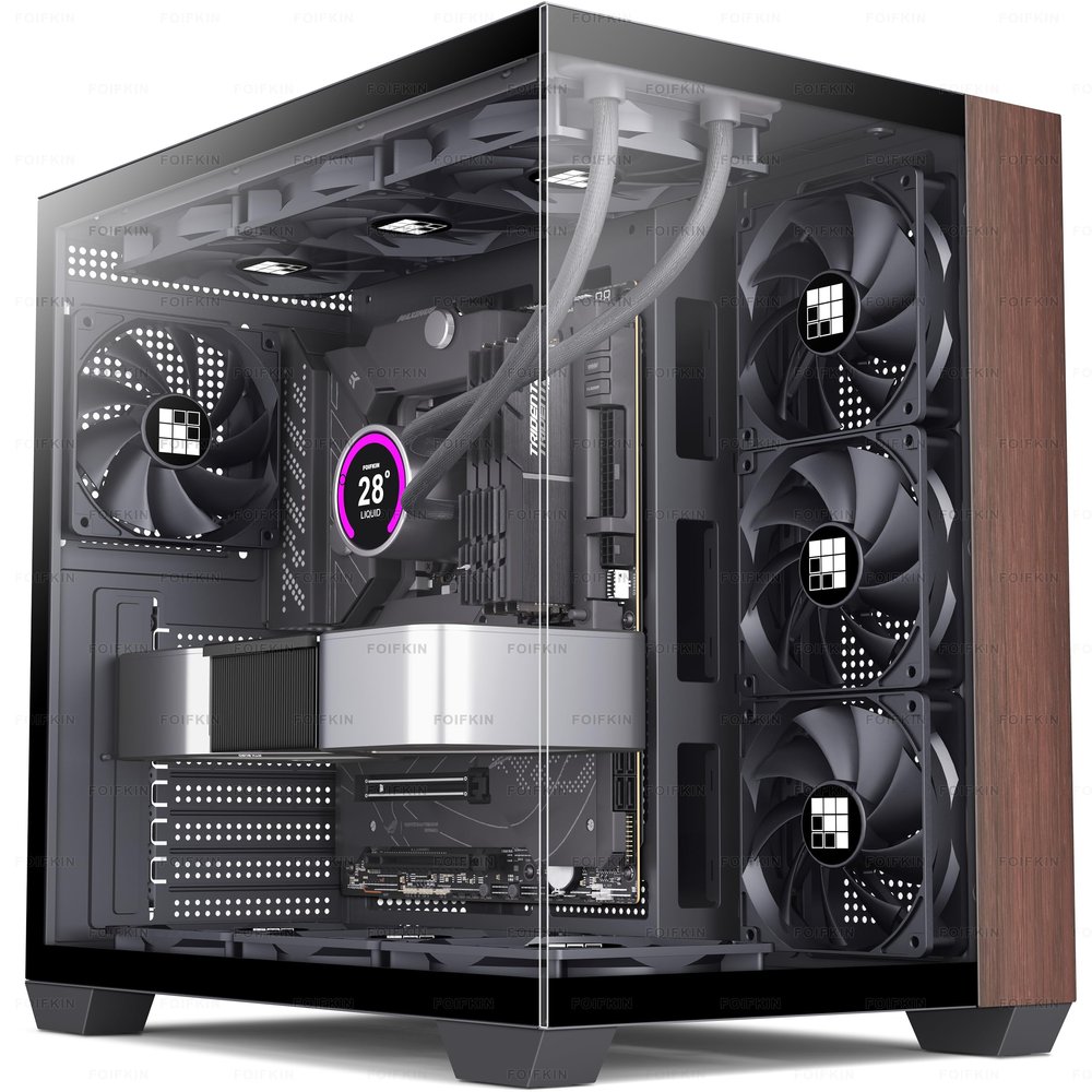FOIFKIN M9 PC Case -Wood Walnut Front Pane, Pre-Installed 7 NoLED Fan, ATX Mid-Tower Gaming PC Case, 270 Panoramic Glass, Type-C, Black, FOIFKIN (Black, 7 NoLED Fans)