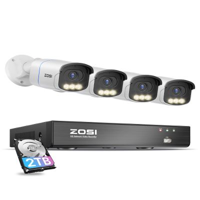 ZOSI 4K PoE Security Camera System,4pcs 4K C186 Aurora Lux Outdoor Indoor Wired Cameras,True Full Color Night Vision,Person Vehicle Detection,2 Way Audio,8MP 8CH NVR with 2TB HDD for 24/7 Recording