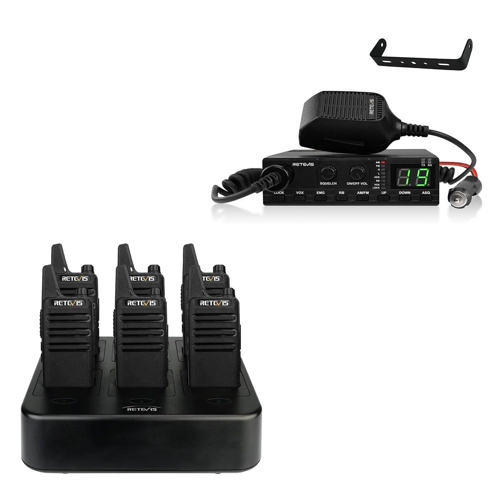 Retevis RT22 Rechargeable Walkie Talkies Long Range (6 Pack),Bundle with Retevis MB2 AM/FM CB Radio(1 Pack), Portable 2 Way Radio,VOX Handsfree, for Truck Forklift Construction
