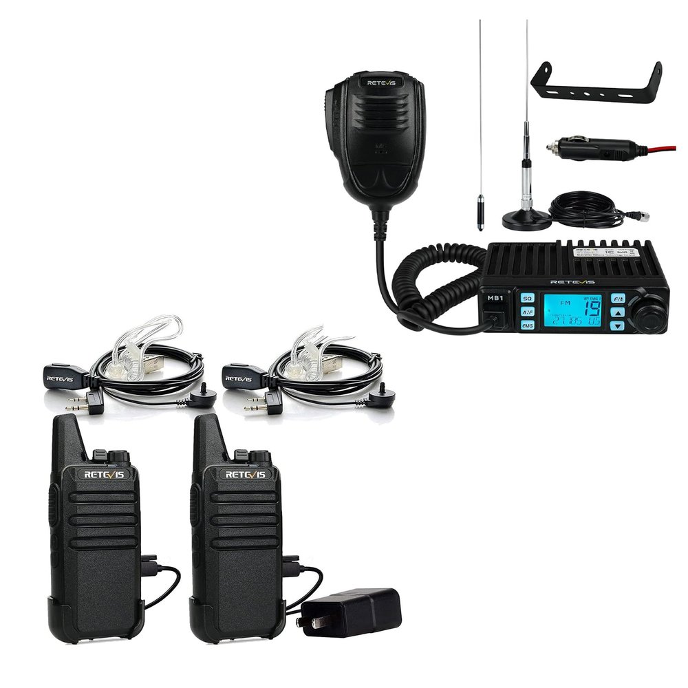 Retevis RT22 Long Range Walkie Talkies Rechargeable with Earpiece(2 Pack), Bundle with Retevis MB1 AM/FM CB Radio Kit with Antenna(1 Pack), Portable 2 Way Radio, for Truckers Road Trip