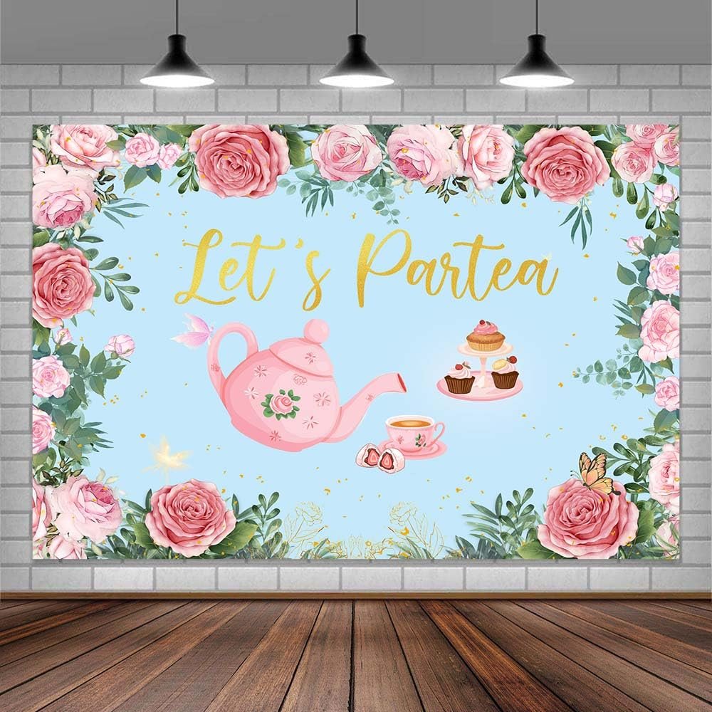 20X10ft Let's Partea Party Banner Photo Backdrop Photography Background for Women Little Girls, Blue Tea Time Birthday Wedding Party Backdrops Photo Booth Prop Decorations Wall Decor Tablecloth
