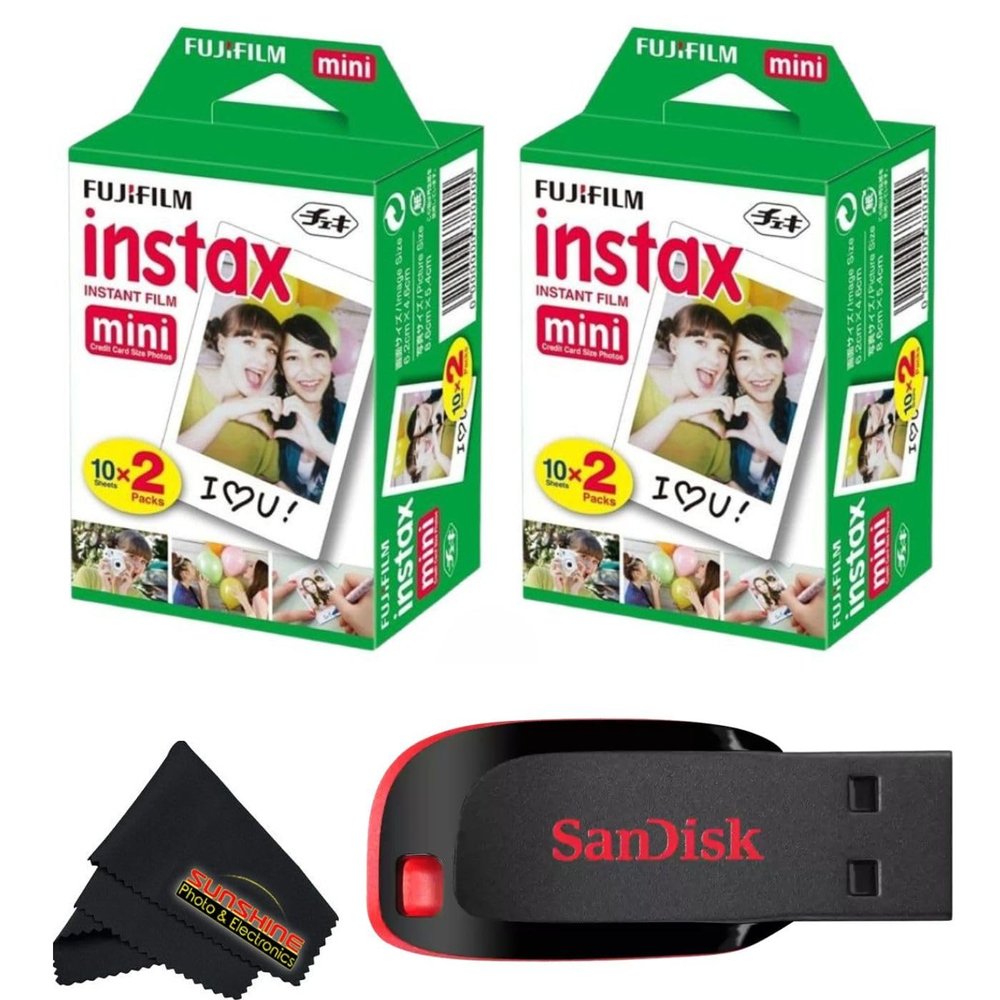 Fujifilm Instax Mini Instant Camera Film for Mini Instant Cameras - Capture Memories Anytime, Anywhere with Sunshine Photo Microfiber Cleaning Cloth... (2 Pack (40 Sheets Total))