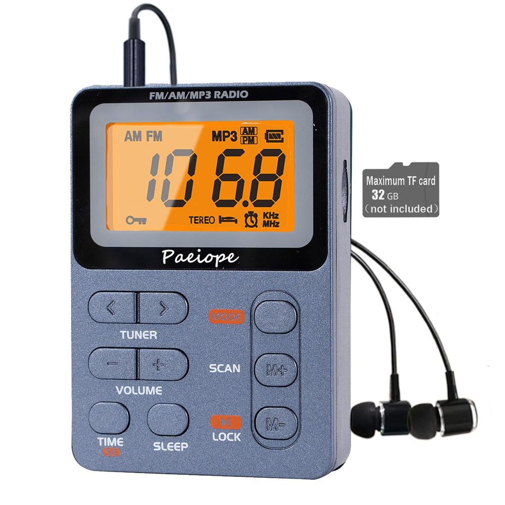 Paeiope Portable Radio AM FM, Rechargeable Pocket Walkman with Best Reception Digital Tuning, MP3, Stereo Earphone, Large LCD Screen, TF Card Socket, Transistor Radio for Jogging/Gym/Camping(Blue)